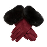 Women's touchscreen velour-lined faux suede gloves with faux fur cuffs in berry/black