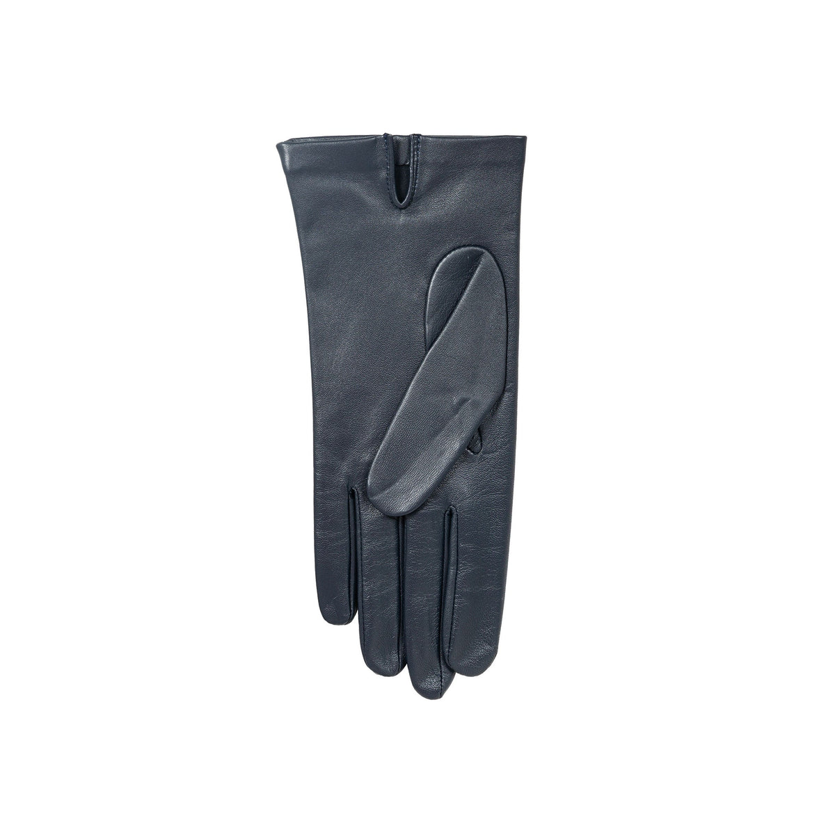 Women's three point leather gloves navy, left hand.