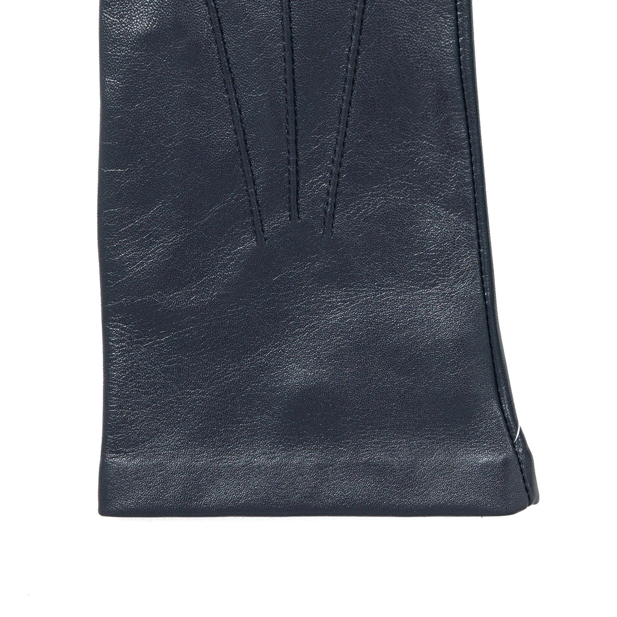 Women's three point leather gloves navy, right hand close up. 