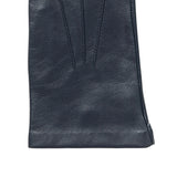 Women's three point leather gloves navy, right hand close up. 