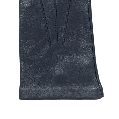 Women's three point leather gloves navy, right hand close up. 