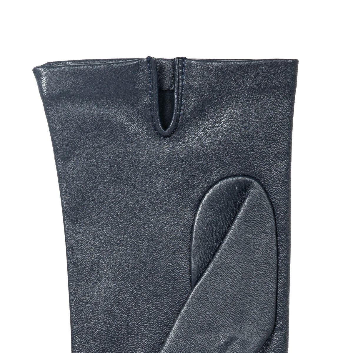 Women's three point leather gloves navy, left hand close up. 