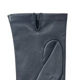 Women's three point leather gloves navy, left hand close up. 
