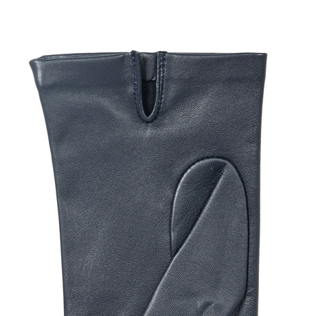 Women's three point leather gloves navy, left hand close up. 