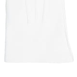 Women's three point leather gloves white, right hand close up. 