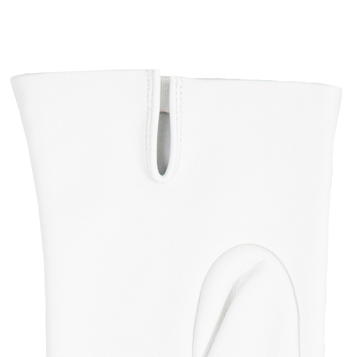 Women's three point leather gloves white, left hand close up. 