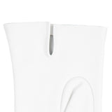 Women's three point leather gloves white, left hand close up. 