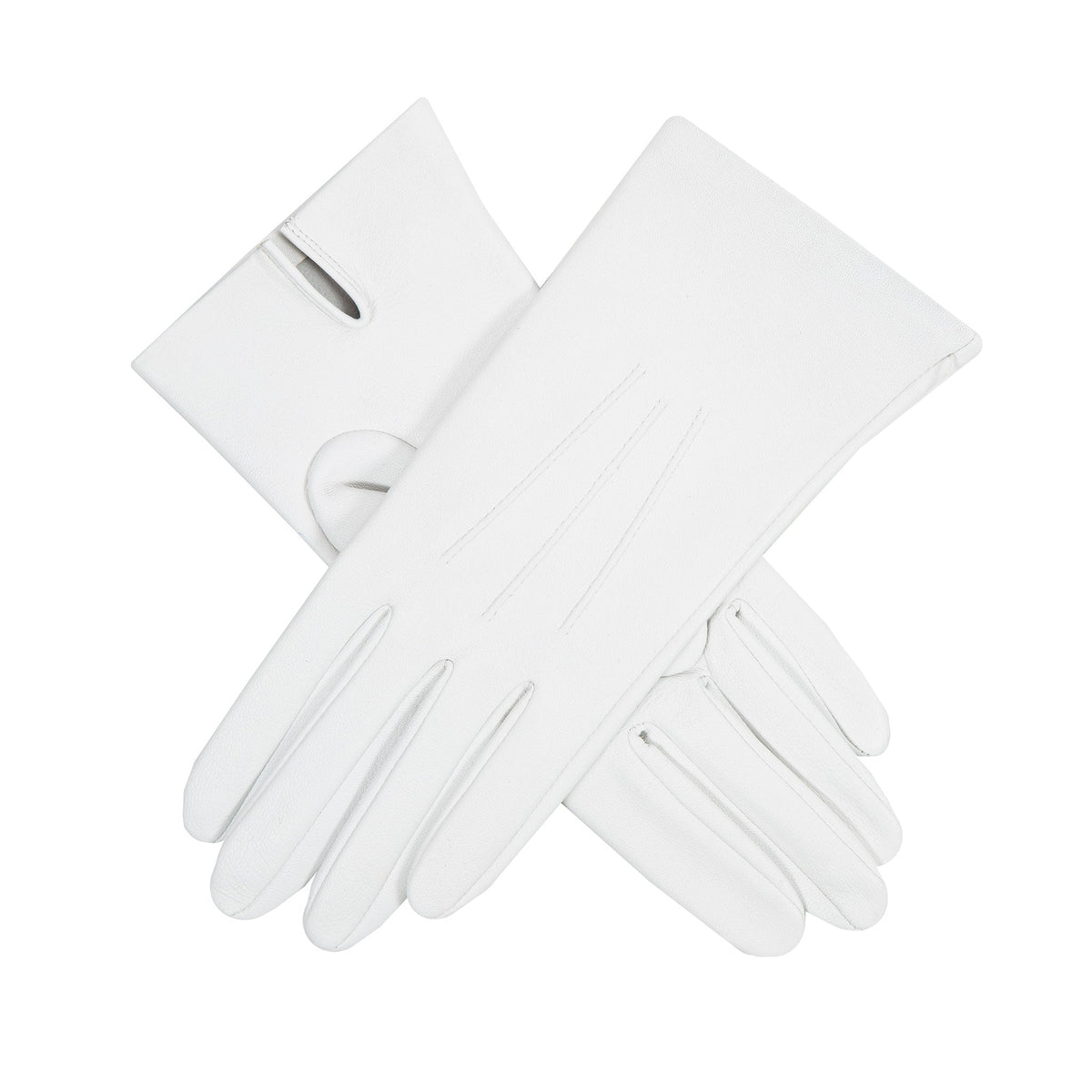 Women's three point leather gloves white, crossed position. 