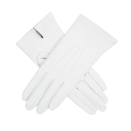 Women's three point leather gloves white, crossed position. 