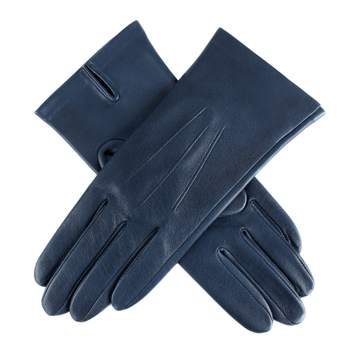 Women's three point leather gloves navy, crossed position. 