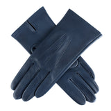 Women's three point leather gloves navy, crossed position. 