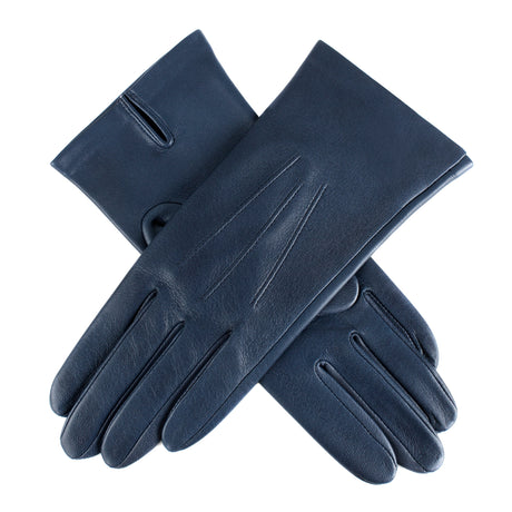 Women's three point leather gloves navy, crossed position. 