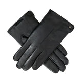 Women's touchscreen single point faux fur lined leather gloves in black