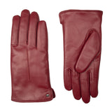 Women's touchscreen single point faux fur lined leather gloves in red, side by side.