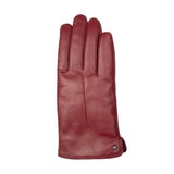 Women's touchscreen single point faux fur lined leather gloves in red, right hand.