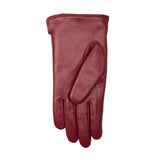 Women's touchscreen single point faux fur lined leather gloves in red, left hand. 