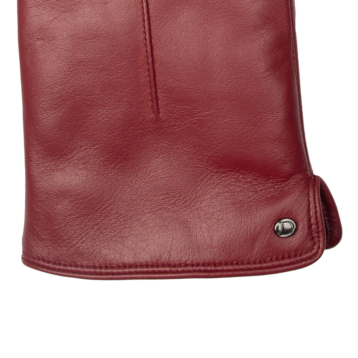 Women's touchscreen single point faux fur lined leather gloves in red, right hand close up.