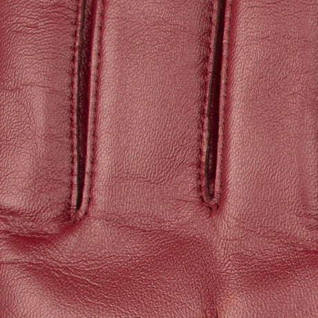 Women's touchscreen single point faux fur lined leather gloves in red, fingers.