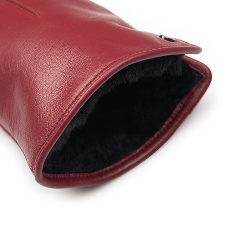 Women's touchscreen single point faux fur lined leather gloves in red, cuff. 