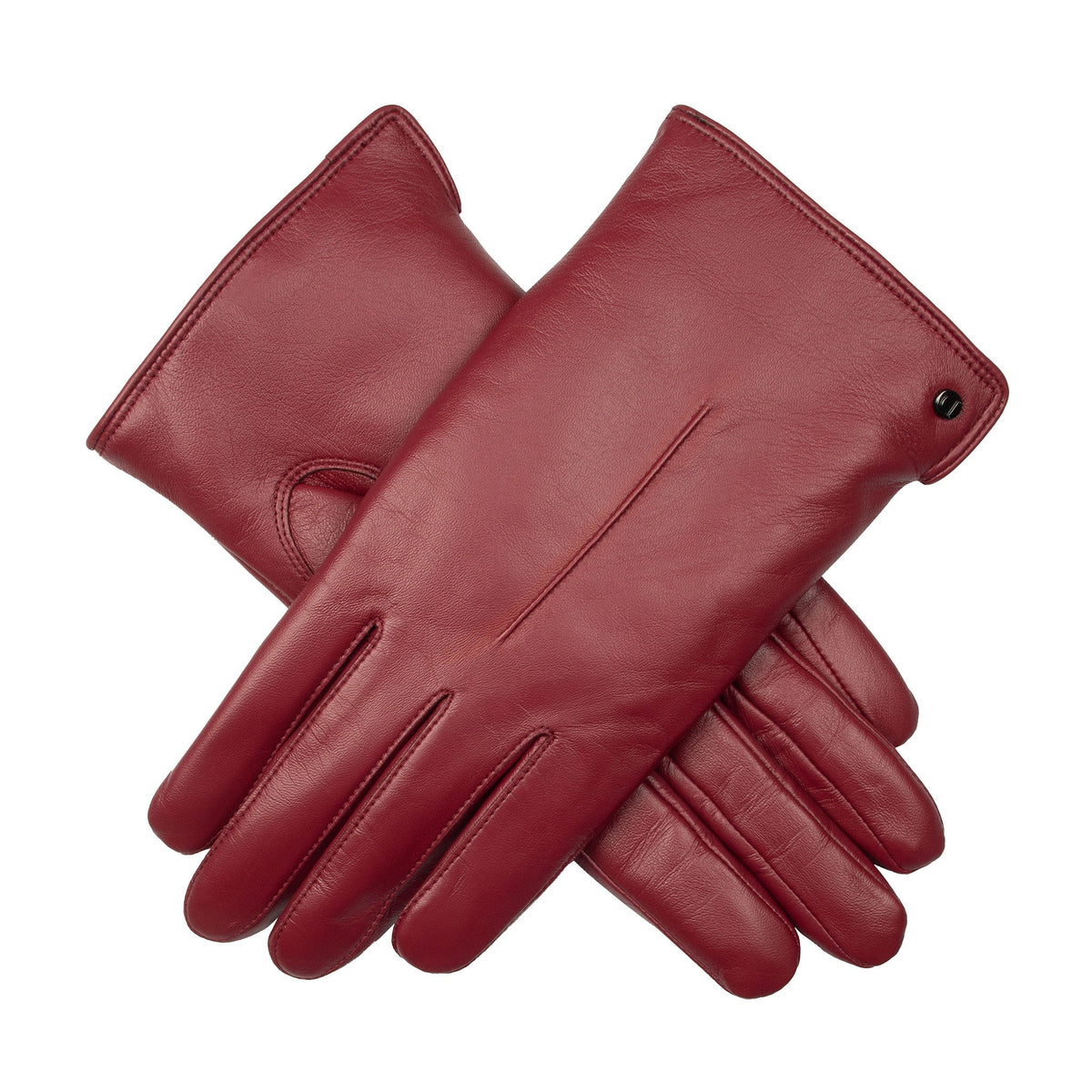 Women's touchscreen single point faux fur lined leather gloves in red, crossed position.