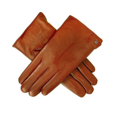 Women's touchscreen single point faux fur lined leather gloves in brown