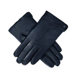 Women's touchscreen single point faux fur lined leather gloves in navy