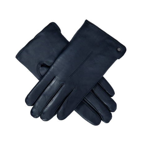 Women's touchscreen single point faux fur lined leather gloves in navy