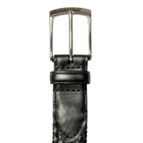 Men's woven leather belt with satin nickel buckle, buckle close up.