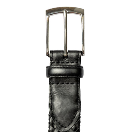 Men's woven leather belt with satin nickel buckle, buckle close up.