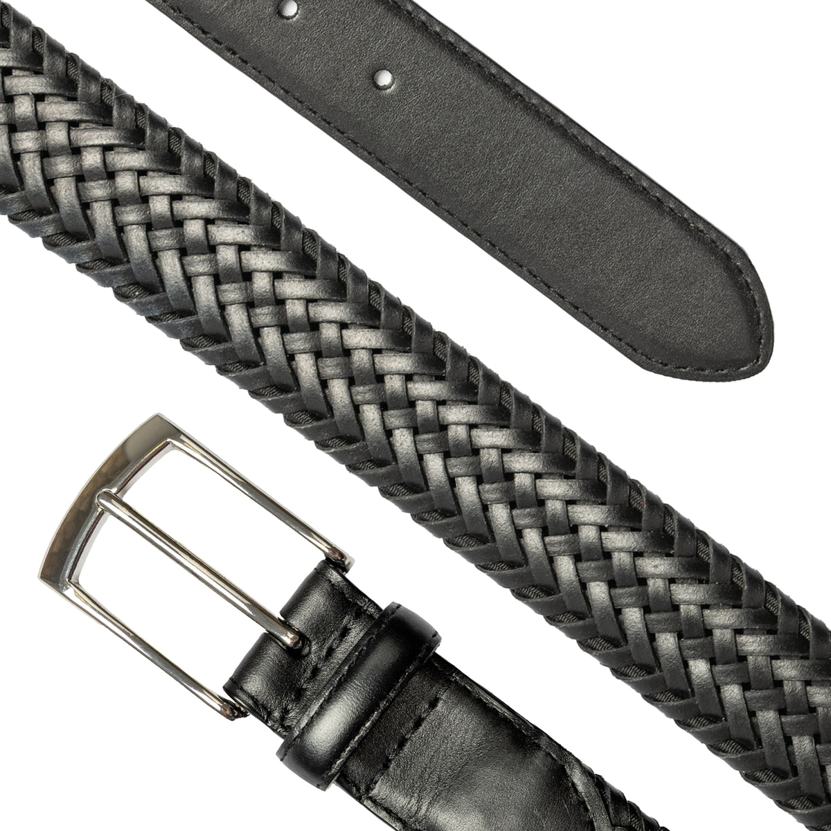 Men's woven leather belt with satin nickel buckle in a diagonal in black.