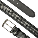 Men's woven leather belt with satin nickel buckle in a diagonal in black.