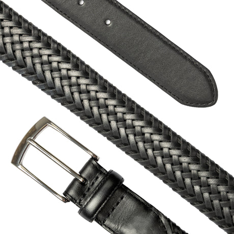 Men's woven leather belt with satin nickel buckle in a diagonal in black.