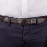 Men's woven leather belt with satin nickel buckle in brown, buckle close up 