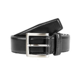 Men's contrast lined leather belt with satin nickel buckle in black.