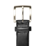 Men's contrast lined leather belt with satin nickel buckle in black, buckle.