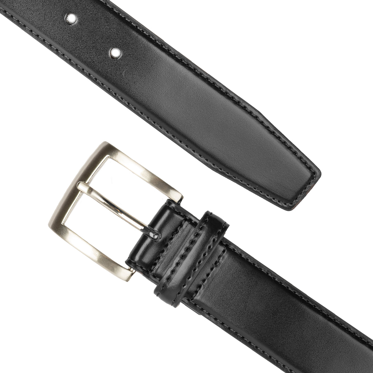 Men's contrast lined leather belt with satin nickel buckle in black, diagonal.