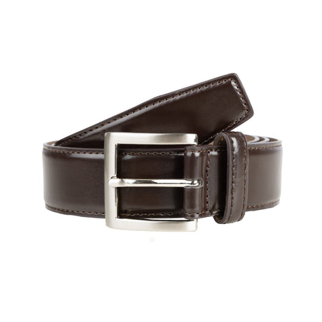 Men's contrast lined leather belt with satin nickel buckle in brown, loop.