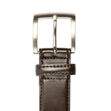Men's contrast lined leather belt with satin nickel buckle in brown, buckle.