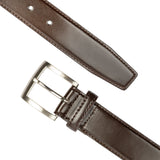 Men's contrast lined leather belt with satin nickel buckle in brown, diagonal.