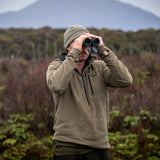 Swazi Brocco Shirt in Tussock, worn while using binoculars outdoors
