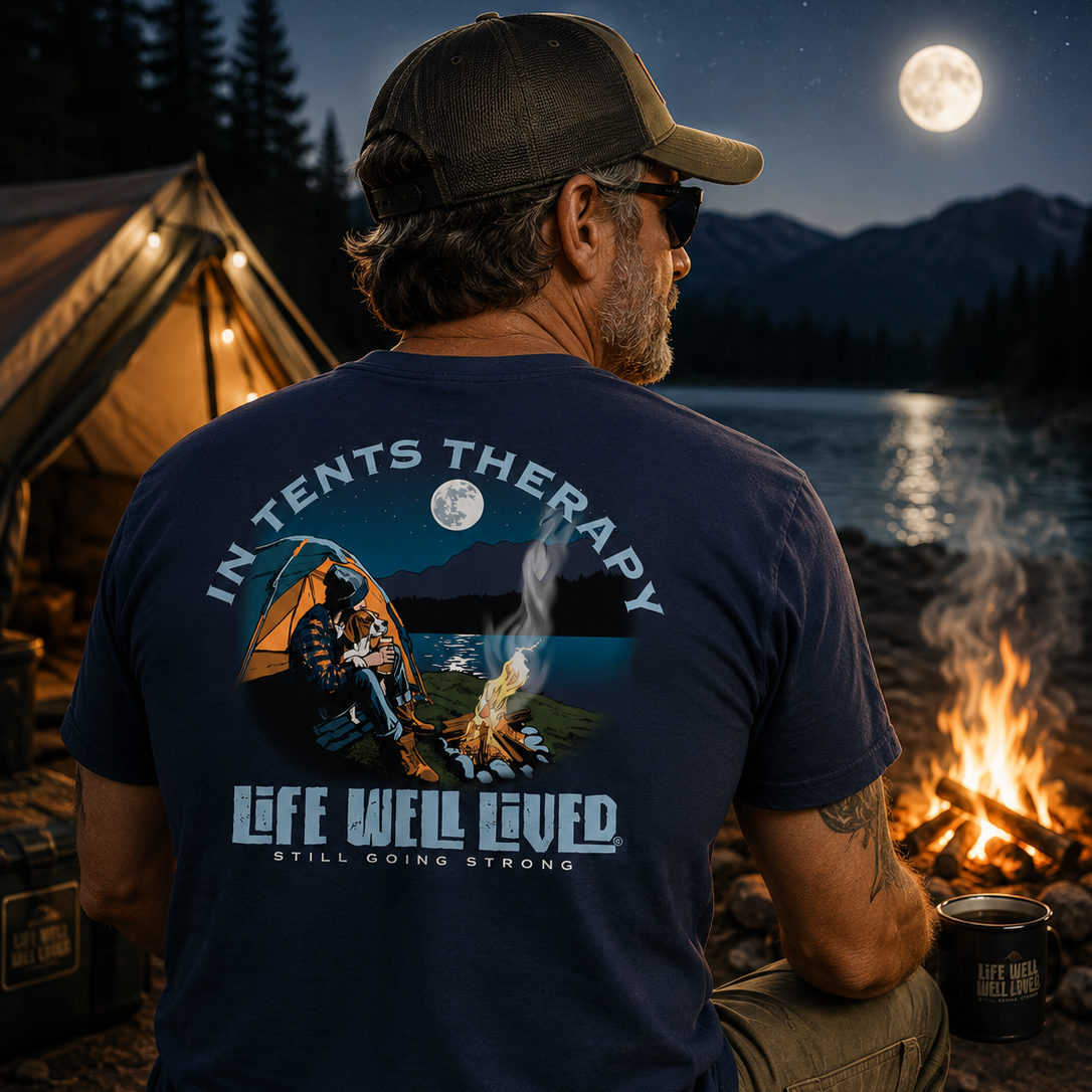 LIFE WELL LIVED Men's Soft Cotton T-Shirt - In Tents Therapy - lifestyle image