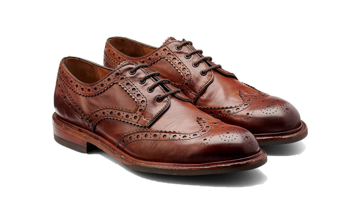 BARKER Magnum Shoes - Mens Derby Brogues - Tan Dip Dyed - angled pair view