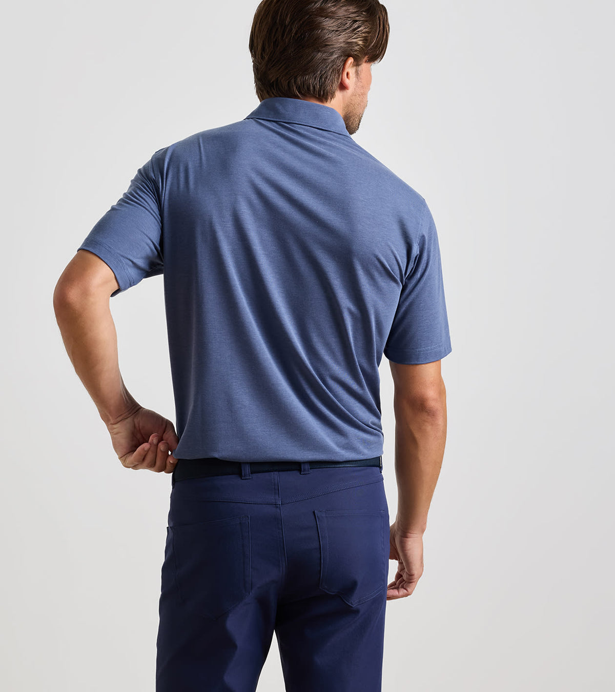 Peter Millar ETC Performance Jersey Polo in Bali Blue - model rear view