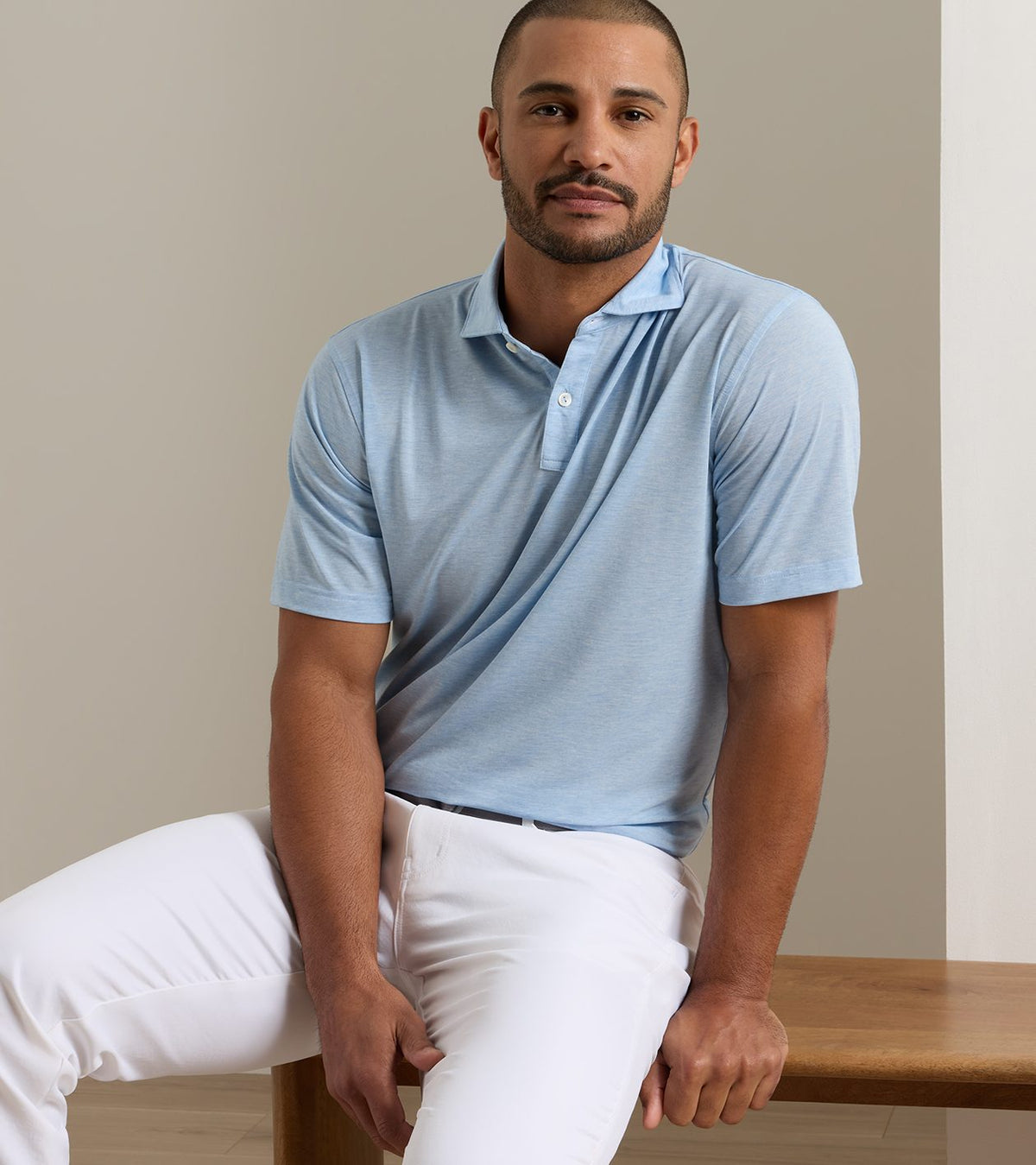 Peter Millar ETC Performance Jersey Polo in Cottage Blue - model front view