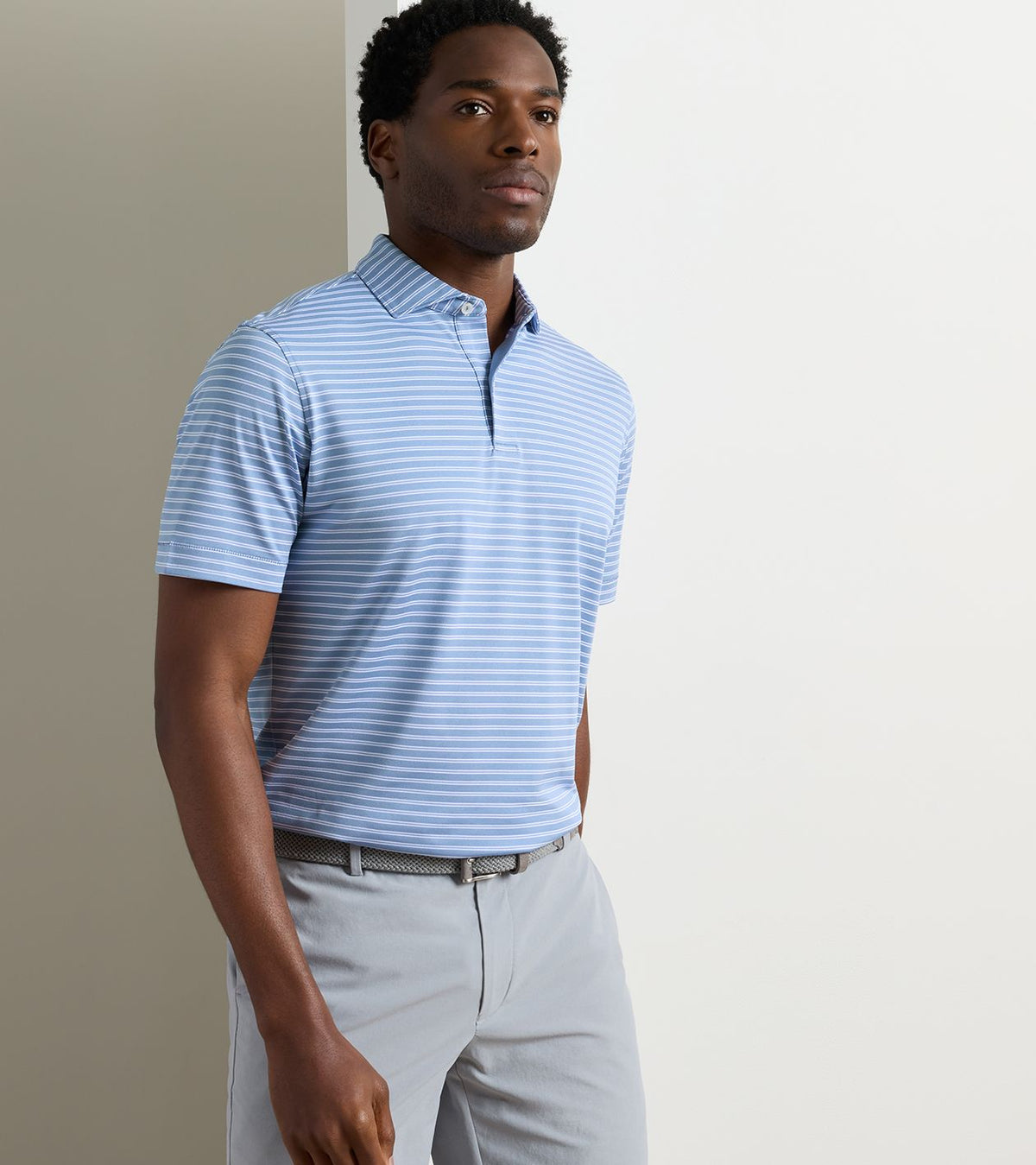 Peter Millar Beam Performance Mesh Polo in Windy Blue - model front view