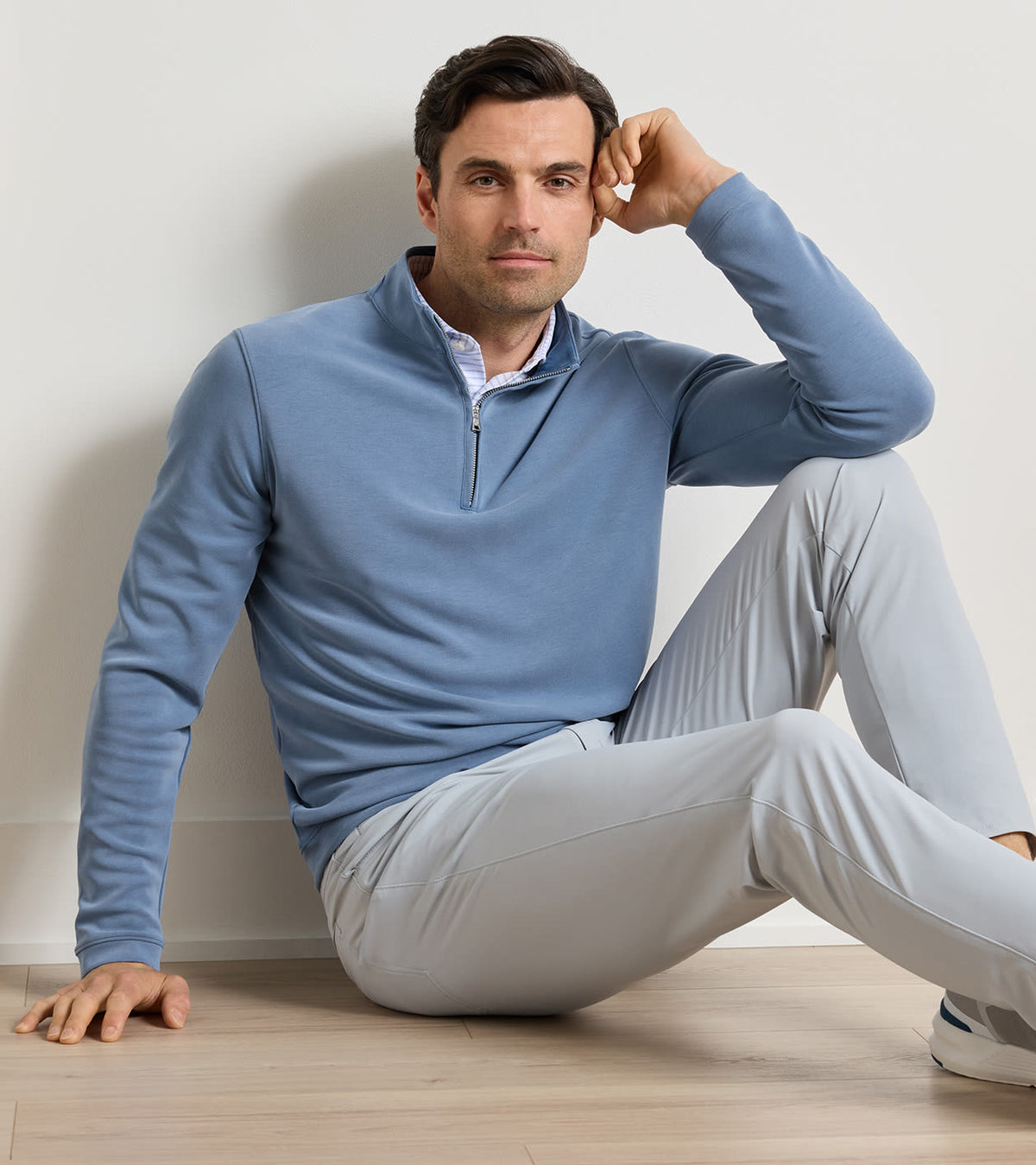 Peter Millar Soft Suede Performance Quarter-Zip in Windy Blue - model front view