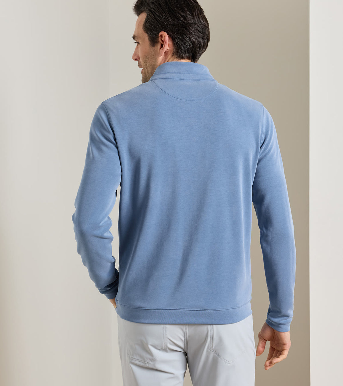 Peter Millar Soft Suede Performance Quarter-Zip in Windy Blue - model rear view