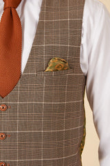 50% OFF - MARC DARCY Men's Ray Single Breasted Waistcoat - Tan Check