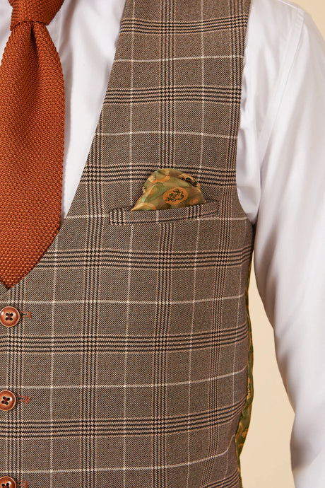 50% OFF - MARC DARCY Men's Ray Single Breasted Waistcoat - Tan Check