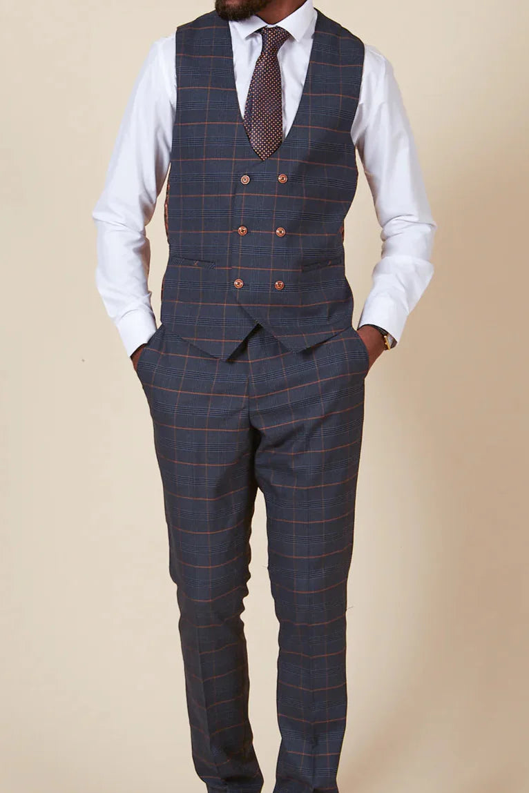 MARC DARCY Jenson Double Breasted Waistcoat - Marine Navy Check